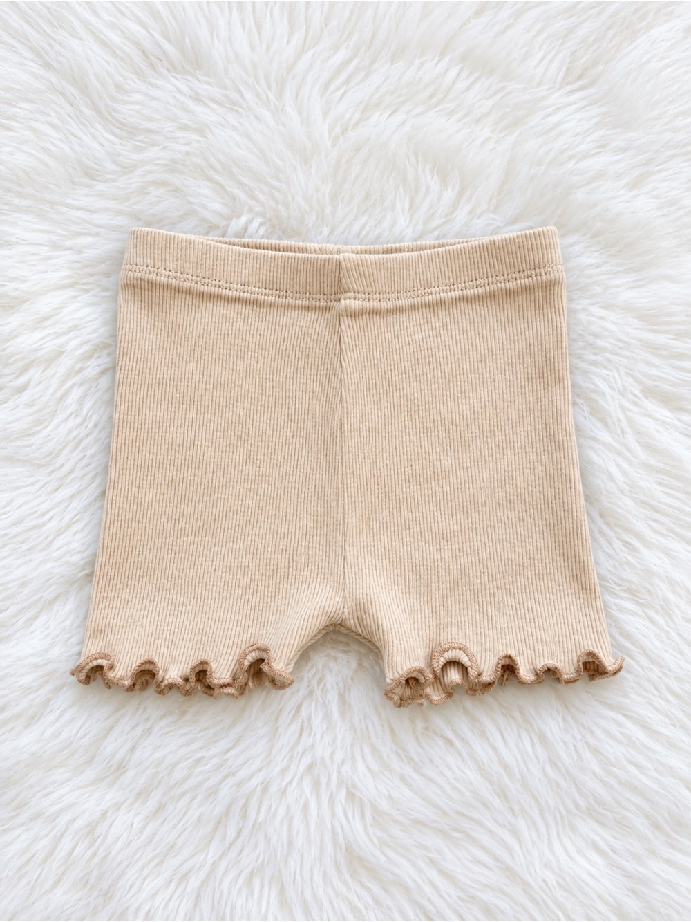 Ribbed Ruffle Hem Kids Shorts - Beige
